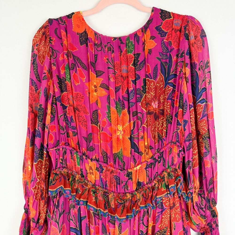 Farm Rio Tropical Tapestry Mini Dress Long Sleeve Floral Pink Size Medium - Picture 12 of 16